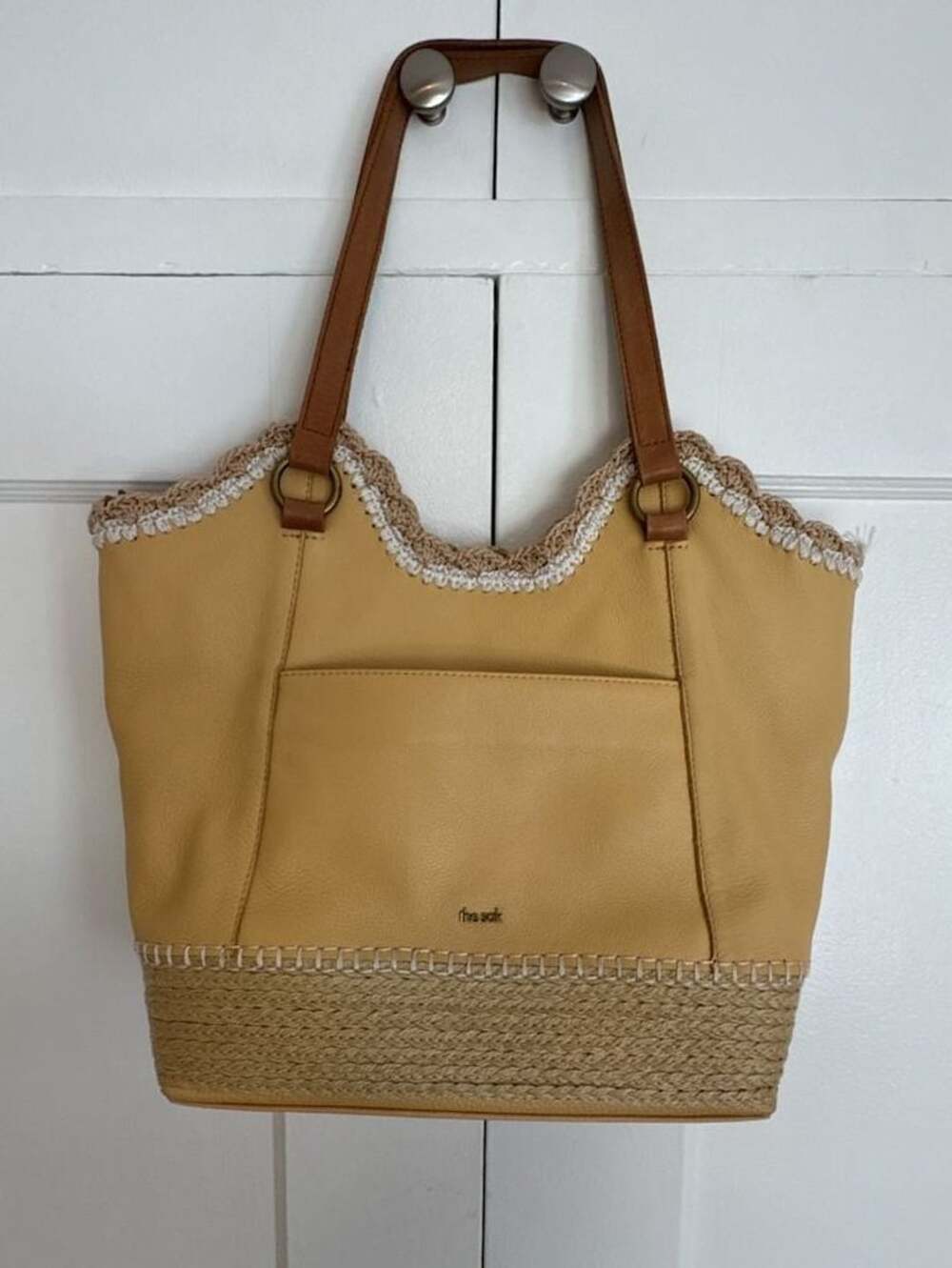 The Sak Butter Espadrille Mid-Size Scalloped Straw Crochet Leather Tote | Butter